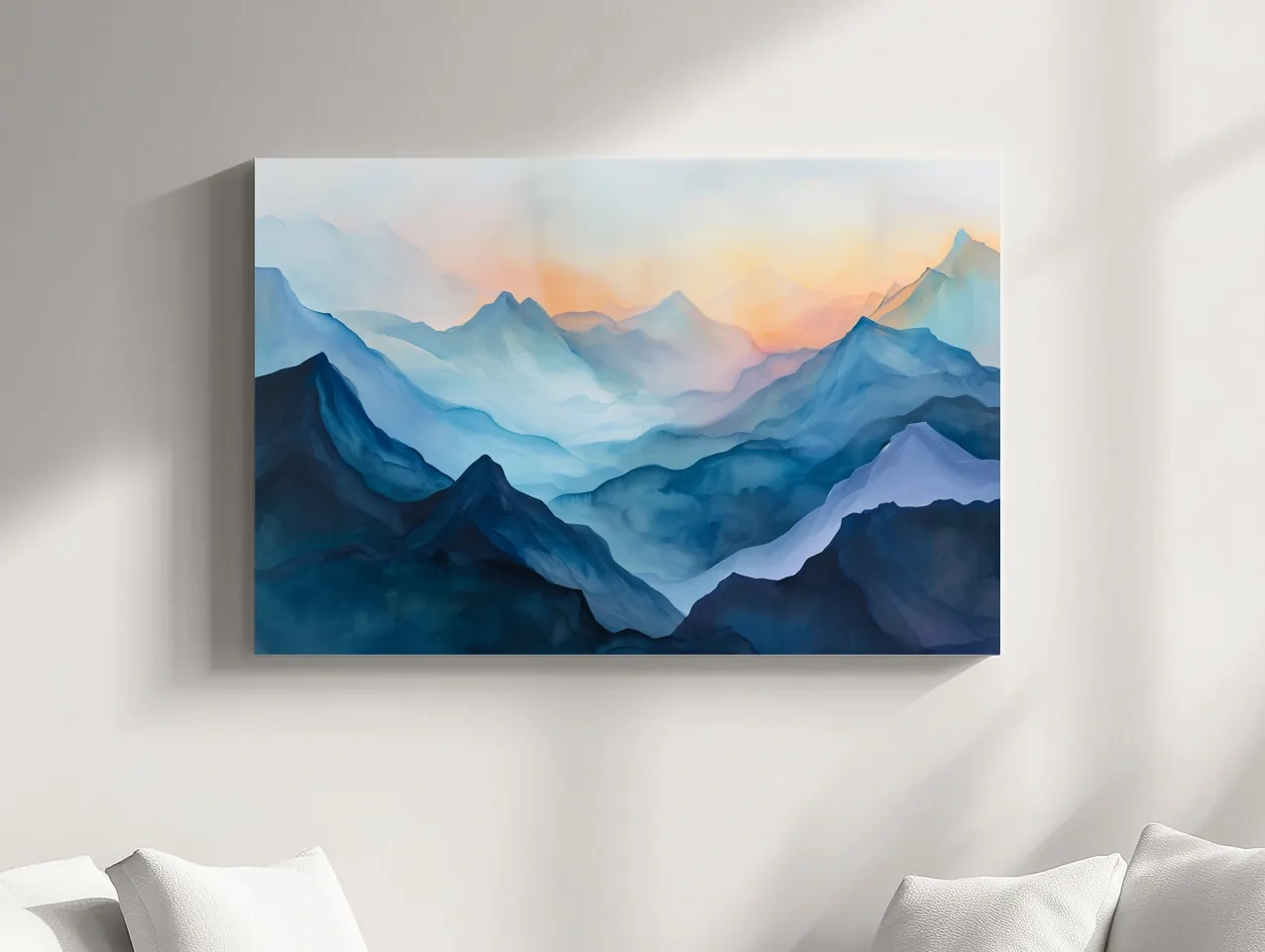 Misty Sunrise Watercolor Mountain Range - Serene Abstract Landscape Wall Art