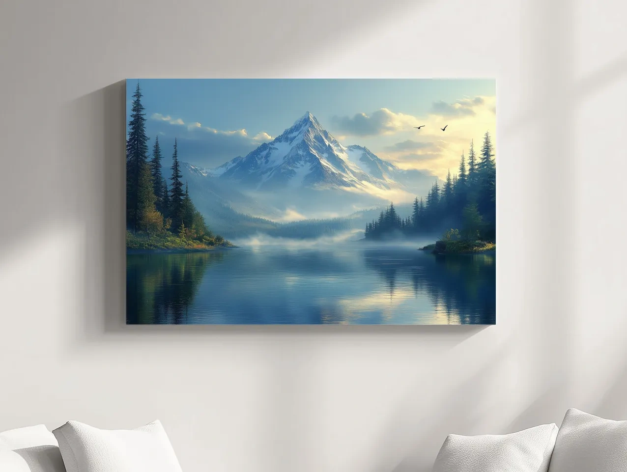 Misty Alpine Mountain Lake Sunset - Pine Forest Artwork