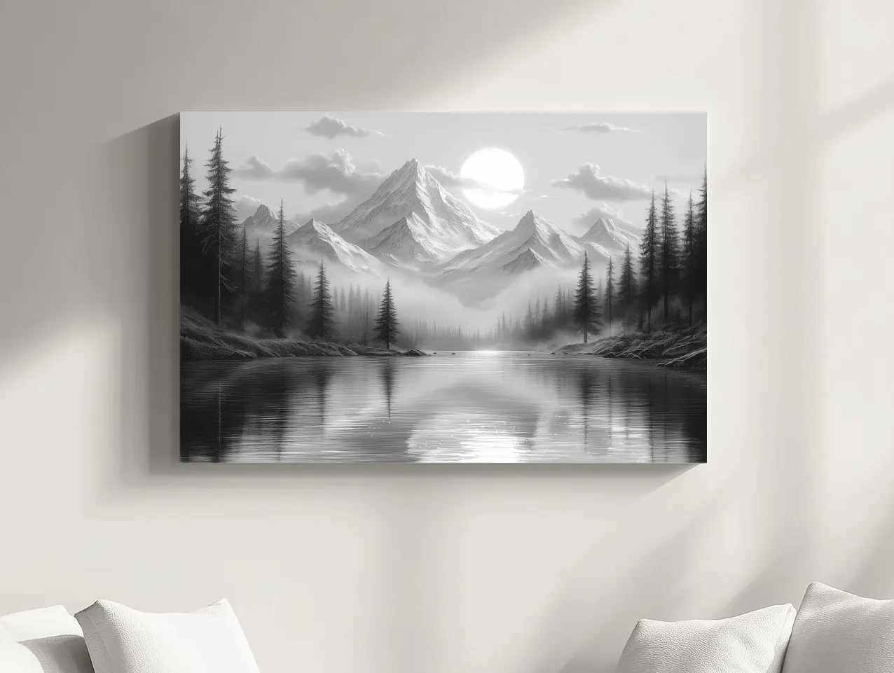Monochrome Misty Alpine Lake Landscape - Mountain Forest Wall Art