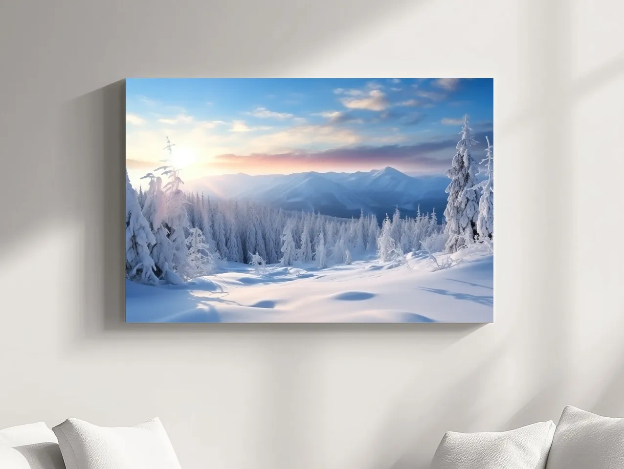 Serene Winter Mountain Sunrise Artwork - Snowy Pine Forest Photographic Wall Art