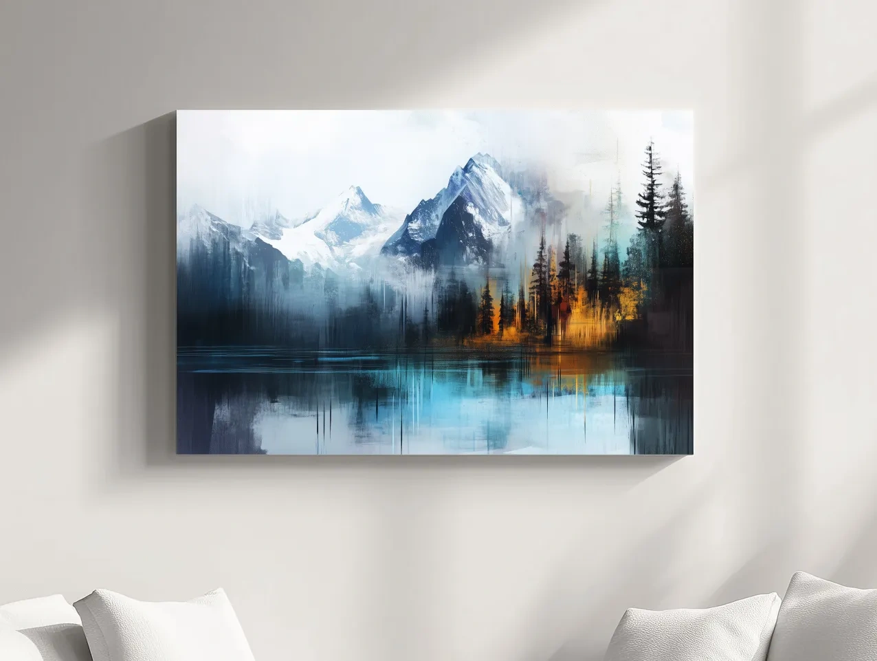 Misty Mountain & Lake Reflection - Abstract Painting Pine Forest Wall Art