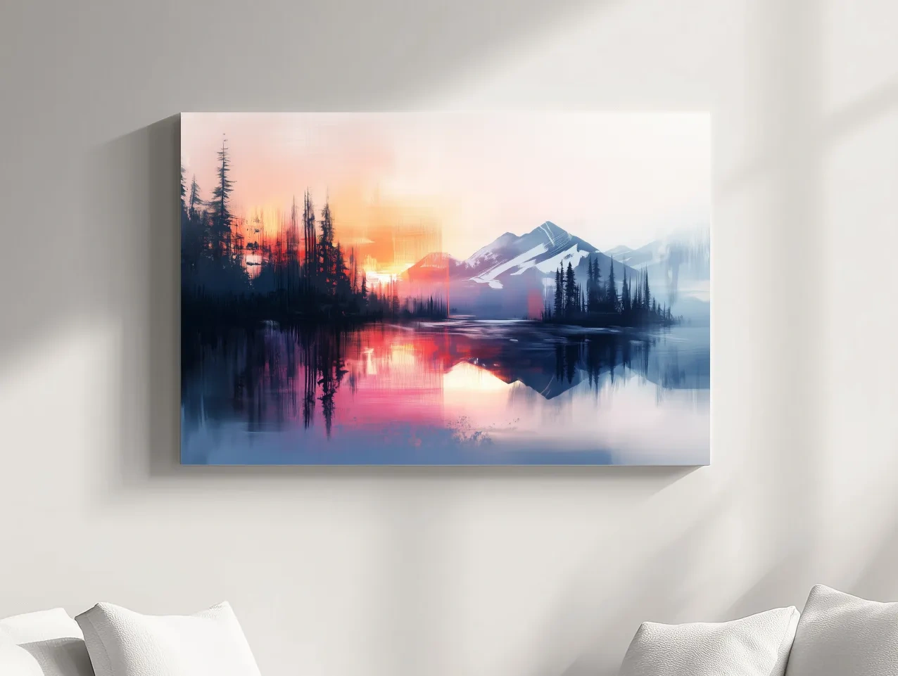 Vibrant Sunset Alpine Mountain Lake Reflection - Abstract Watercolor Forest Wall Art