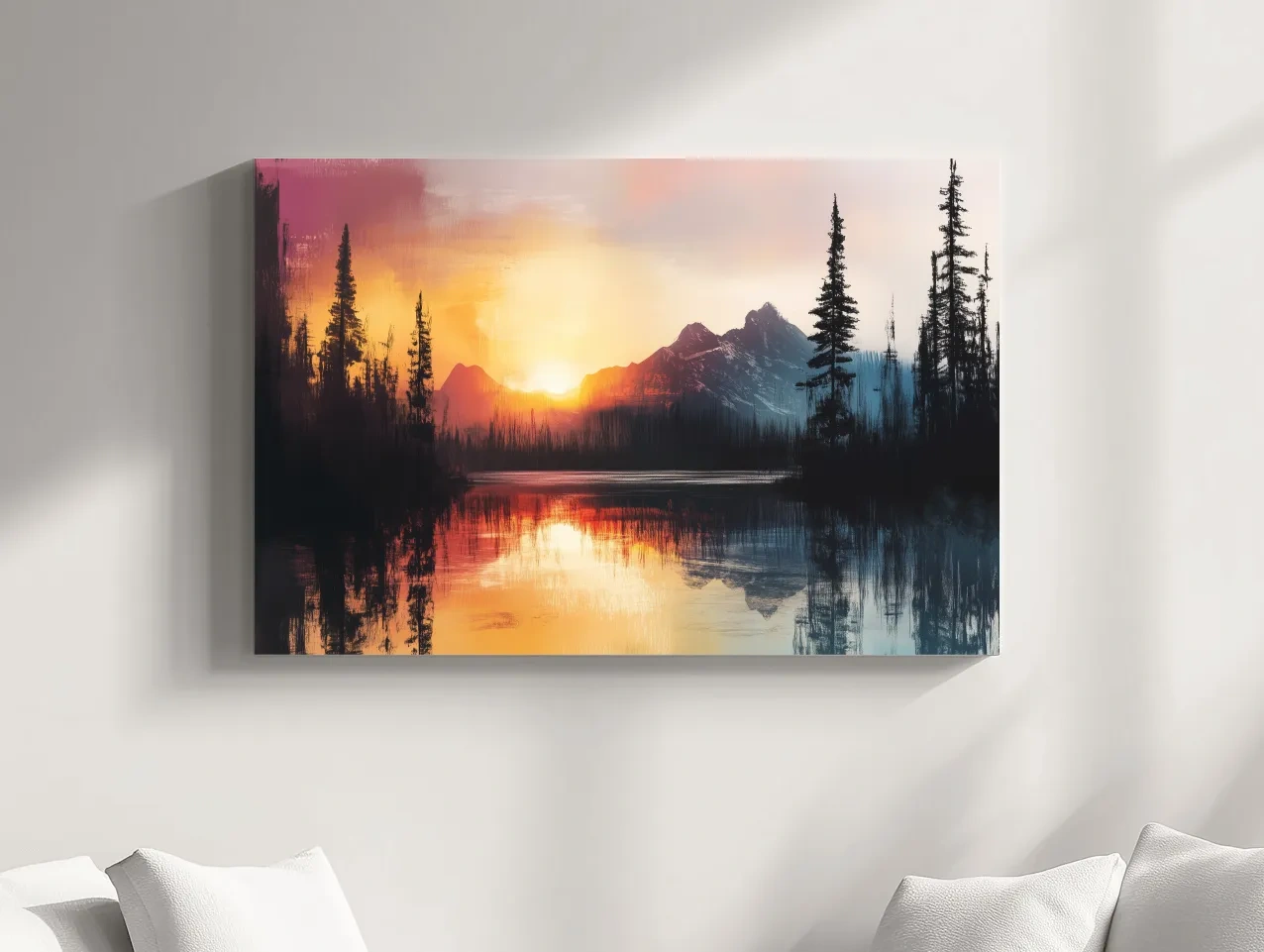 Sunset Mountain Lake Reflection Painting - Dramatic Pine Forest Landscape Wall Art