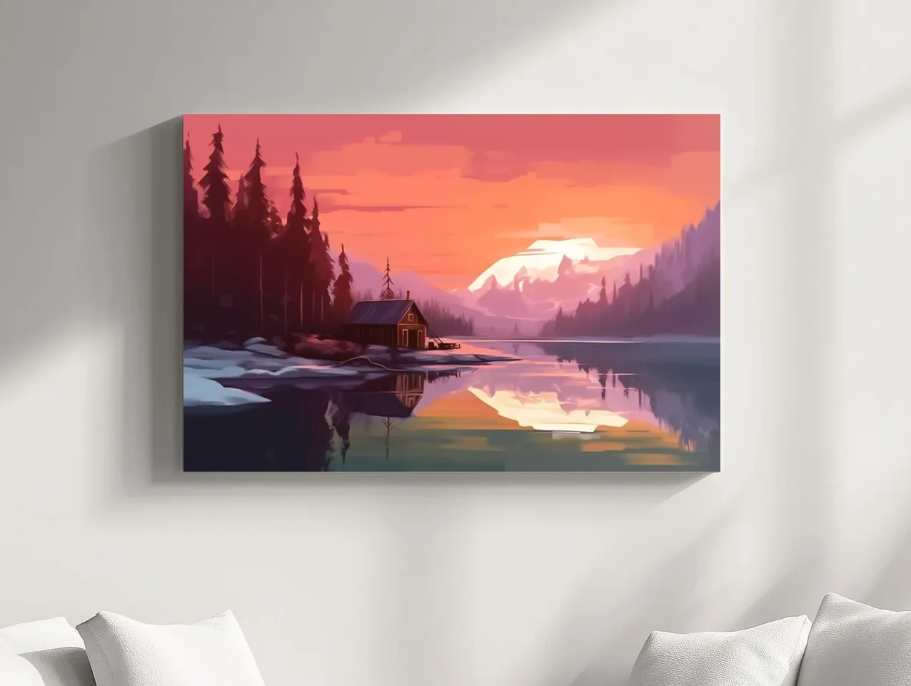 Sunset Mountain Lake Cabin Painting - Serene Alpine Landscape Wall Art