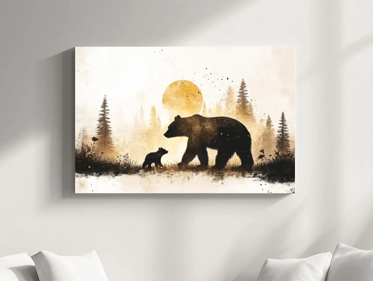 Momma Bear And Cub Watercolor Silhouette - Rustic Forest Wildlife Wall Art
