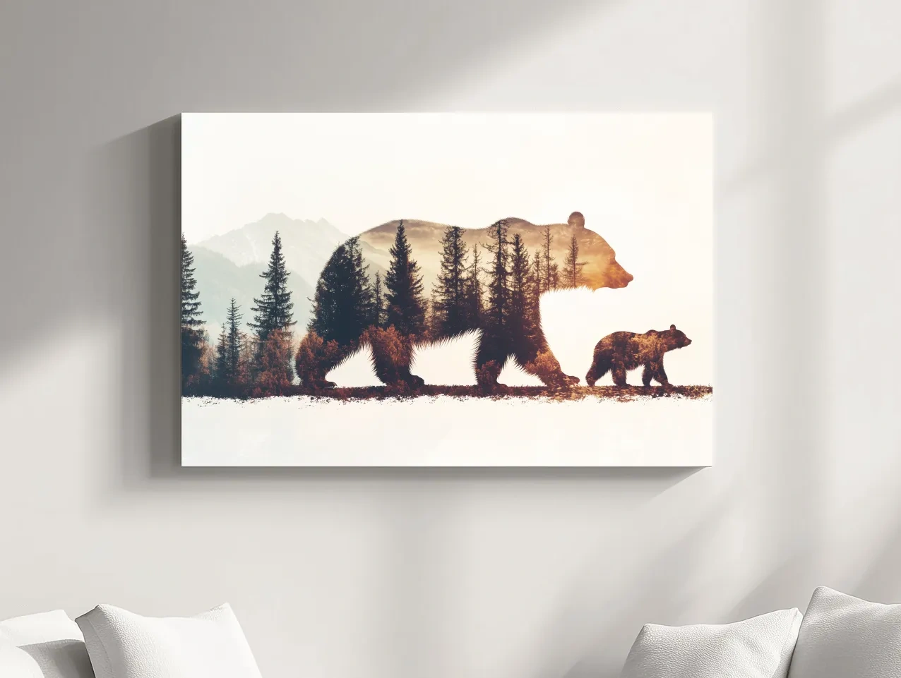 Rustic Double Exposure Bear Family - Sunset Forest Wildlife Wall Art