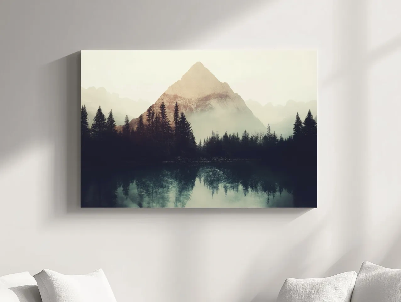 Misty Pine Forest Silhouette Lake Reflection - Moody Mountain Wall Art