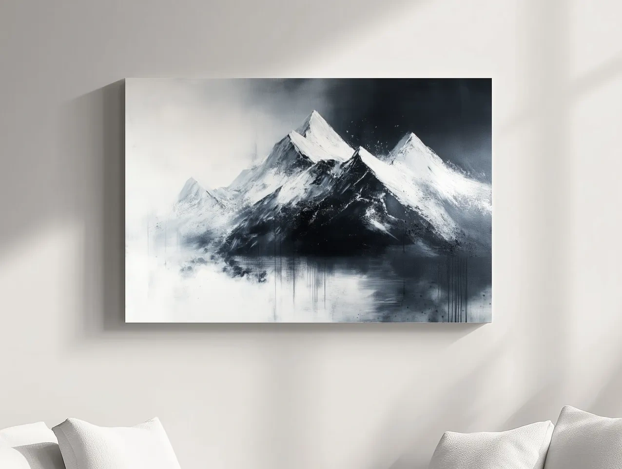 Moody Monochrome Snowcapped Mountain Peaks Painting - Modern Minimalist Wall Art