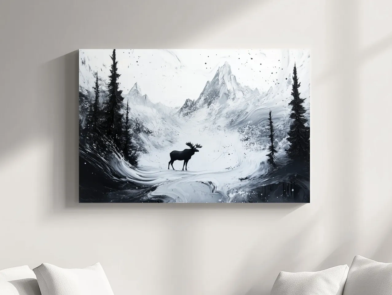Moody Monochrome Moose Alpine Meadows - Abstract Ink Wash Wildlife Wall Art