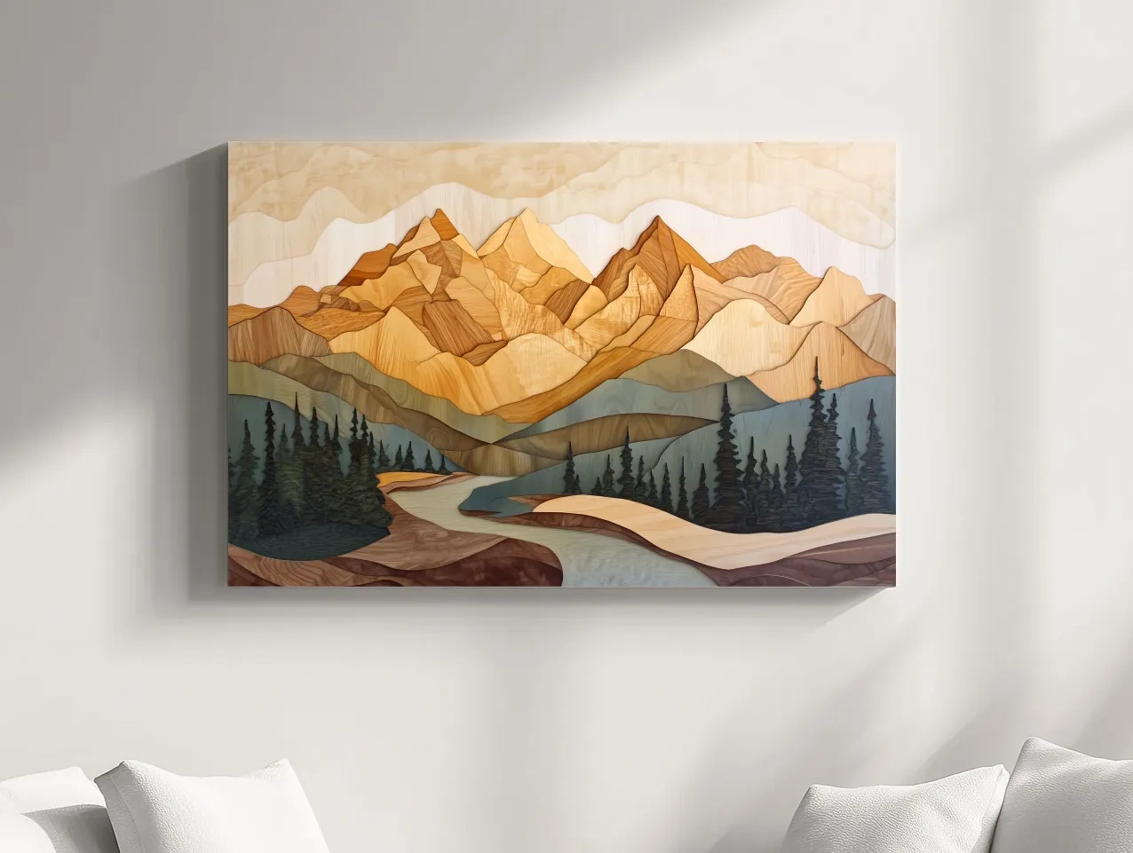 Wood Intarsia Mountain Landscape - Warm Earth Tone Alpine Forest Wall Art