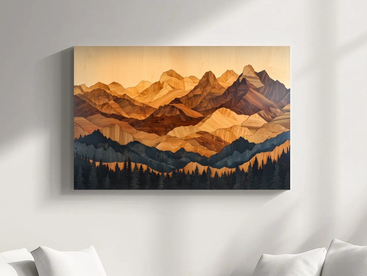 Layered Woodcut Intarsia Mountain Range Landscape - Peaks And Pine Forest Wall Art