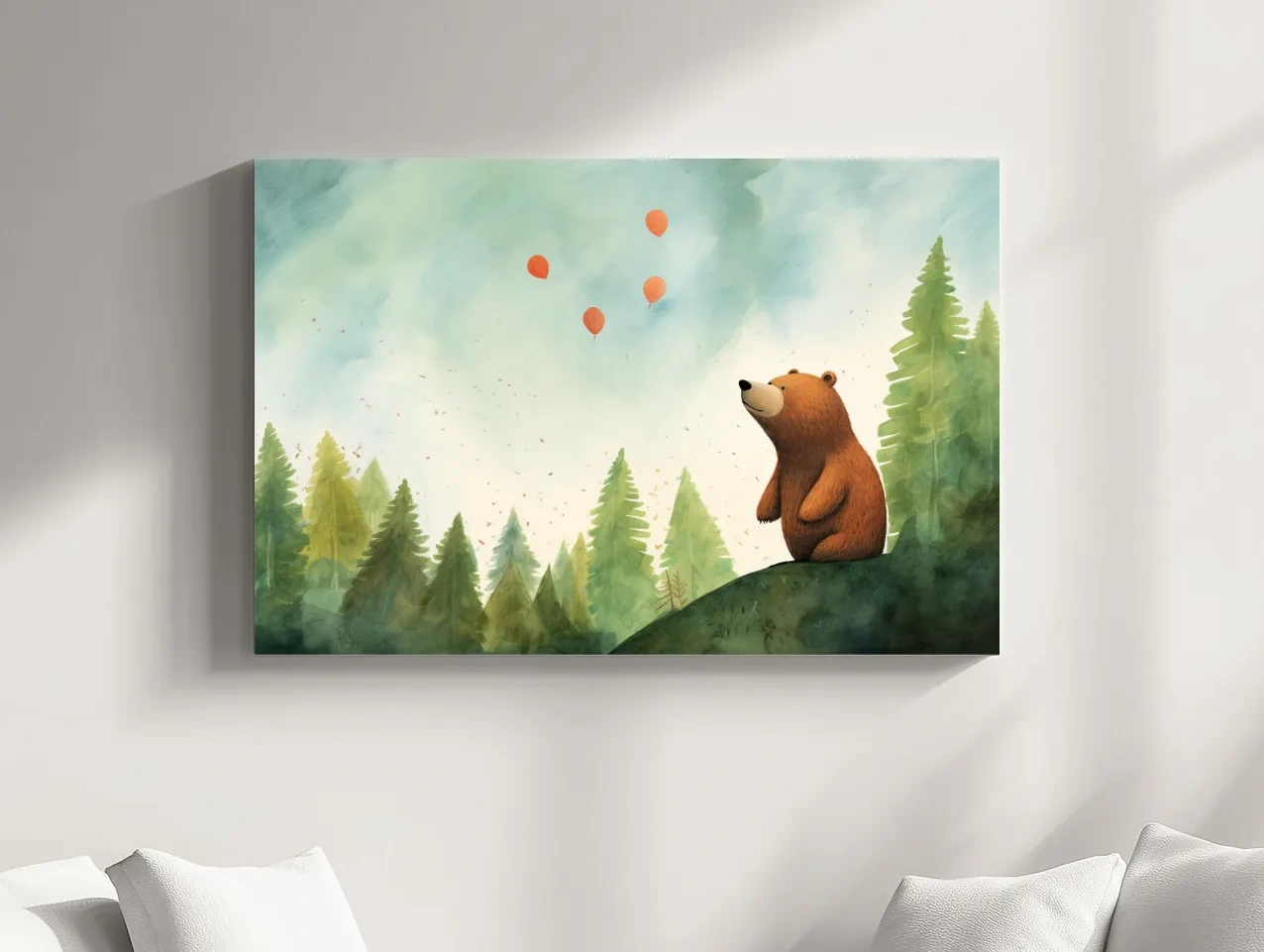 Whimsical Watercolor Bear Watching Balloons - Cute Nursery Forest Wall Art