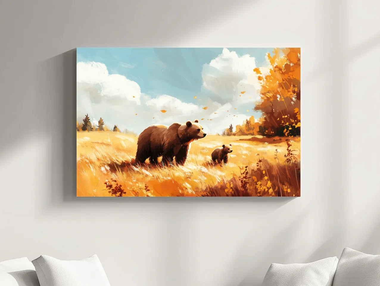 Autumn wildlife wall art, mother bear and cub in a golden meadow, painterly and impressionism style