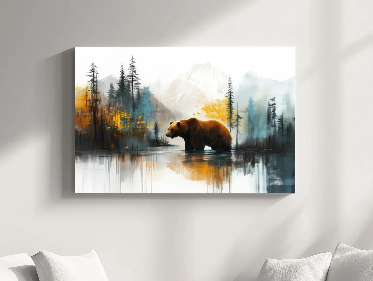 Grizzly Bear Lake Reflection - Misty Mountain Forest Textures Watercolor Style Artwork