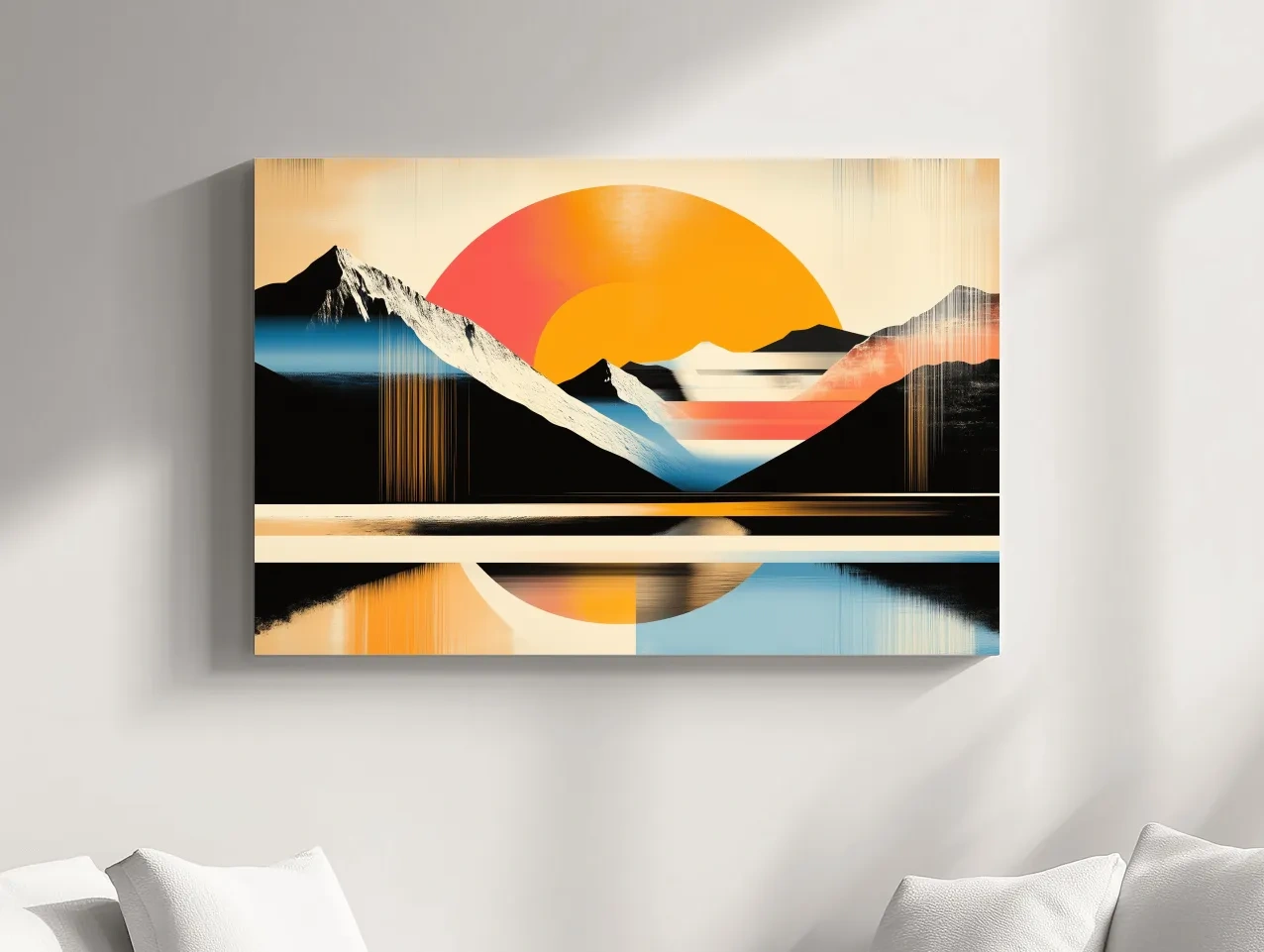 Retro Abstract Alpine Lake Sunset Artwork - Geometric Landscape Wall Art