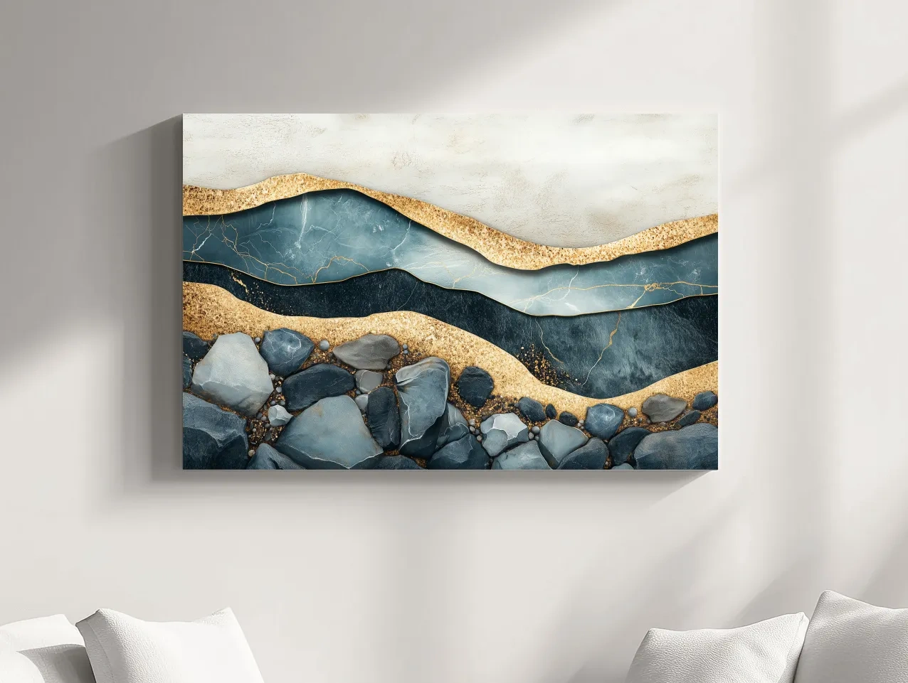 Luxury Teal Gold Marble Geode Layers - Modern River Rock Wall Art