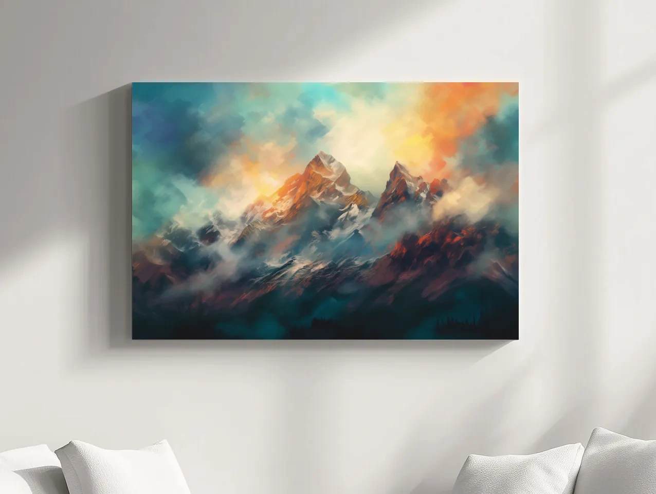 Abstract Sunrise Mountain Peaks Painting - Colorful Alpine Landscape Wall Art