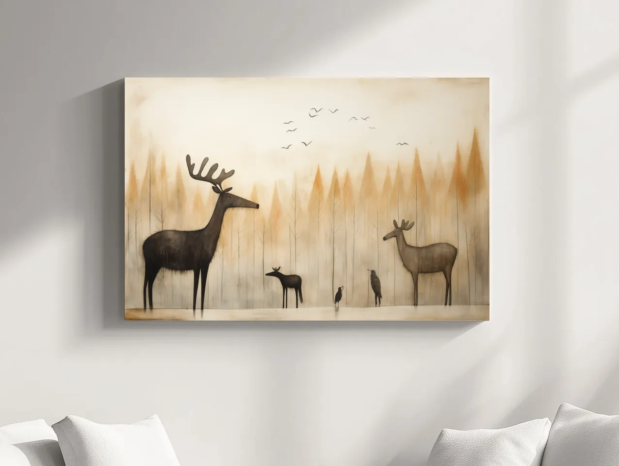 Minimalist Woodland Deer Family Illustration - Scandinavian Nursery Forest Wall Art