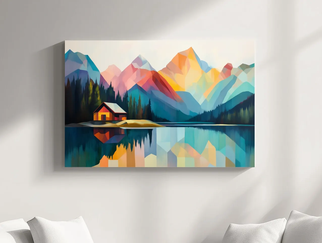Vibrant Geometric Mountain Lake Cabin - Modern Abstract Landscape Wall Art