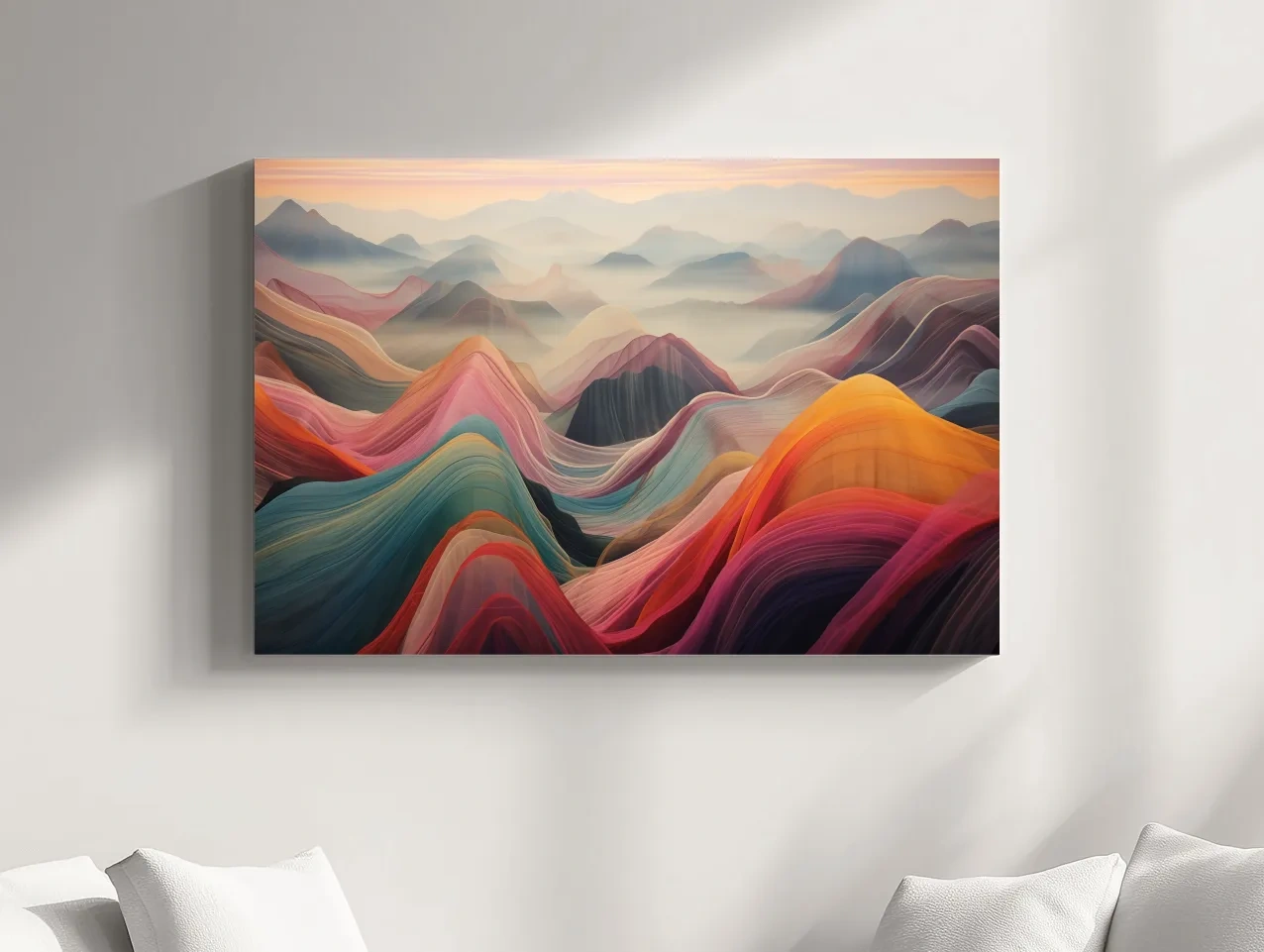 Colorful abstract mountain wall art, layered flowing waves effect