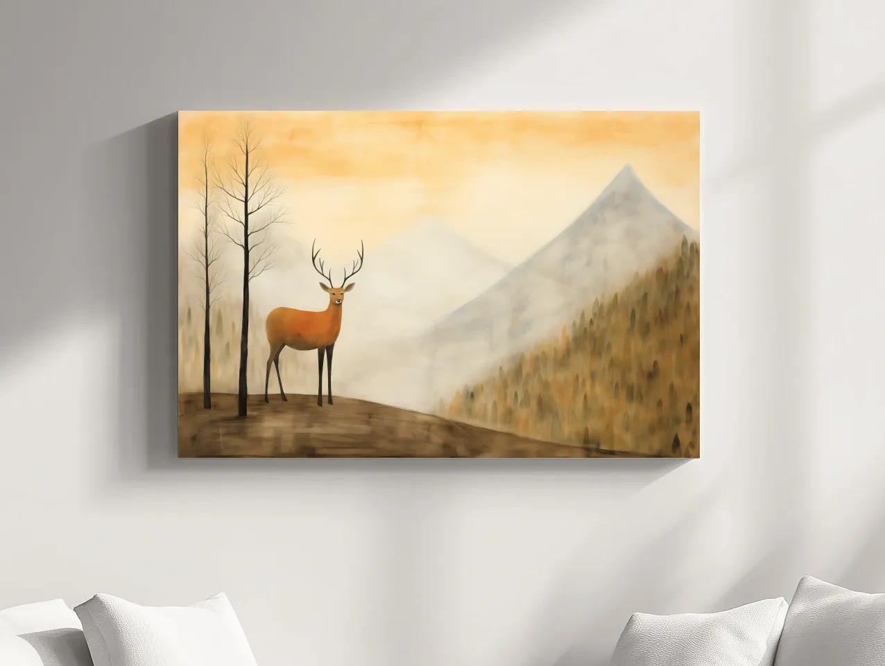 Deer Alpine Mountain Landscape Painting - Serene Foggy Forest Wall Art
