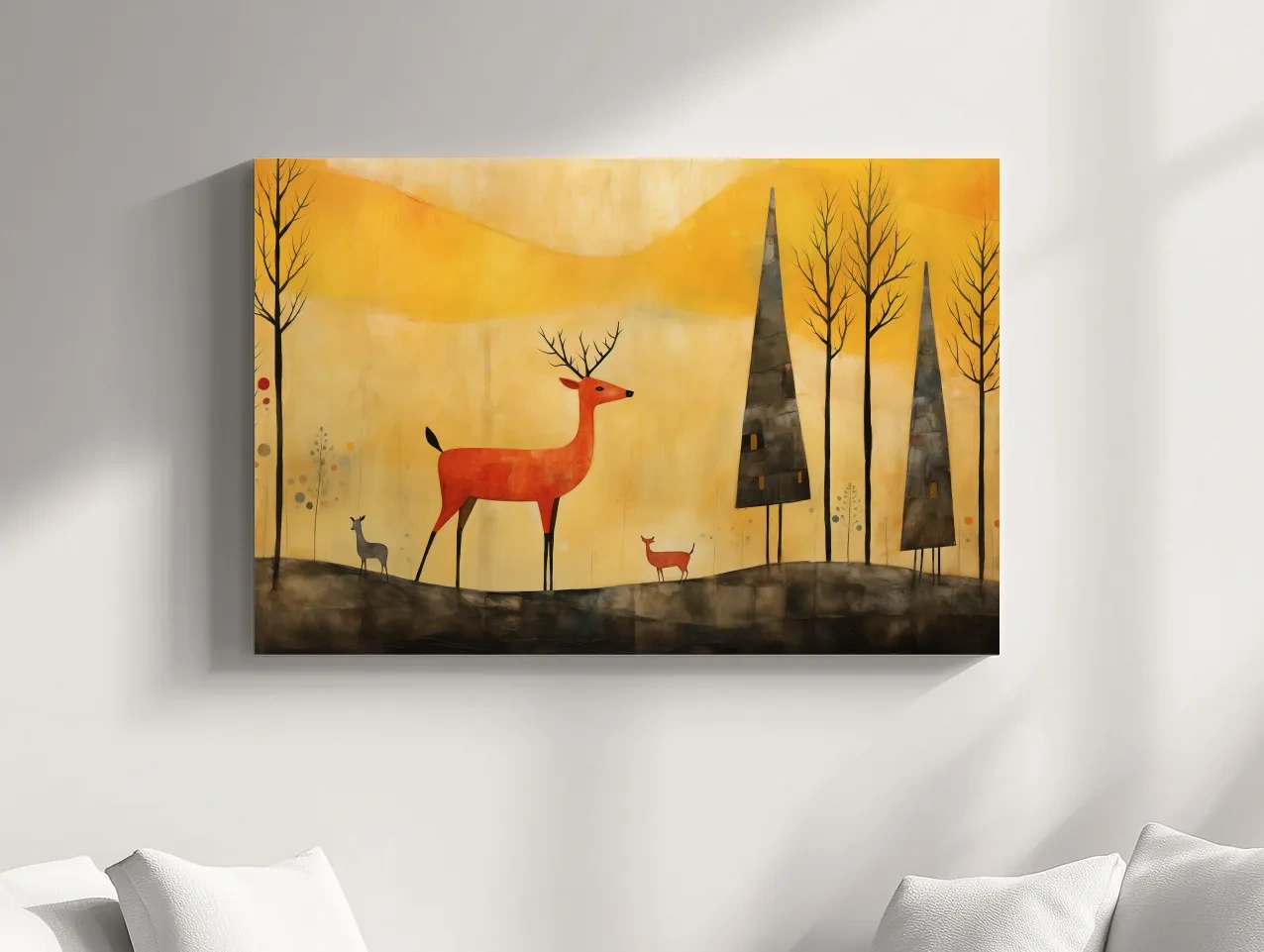 Whimsical Deer Forest Illustration - Autumn Woodland Landscape Wall Art