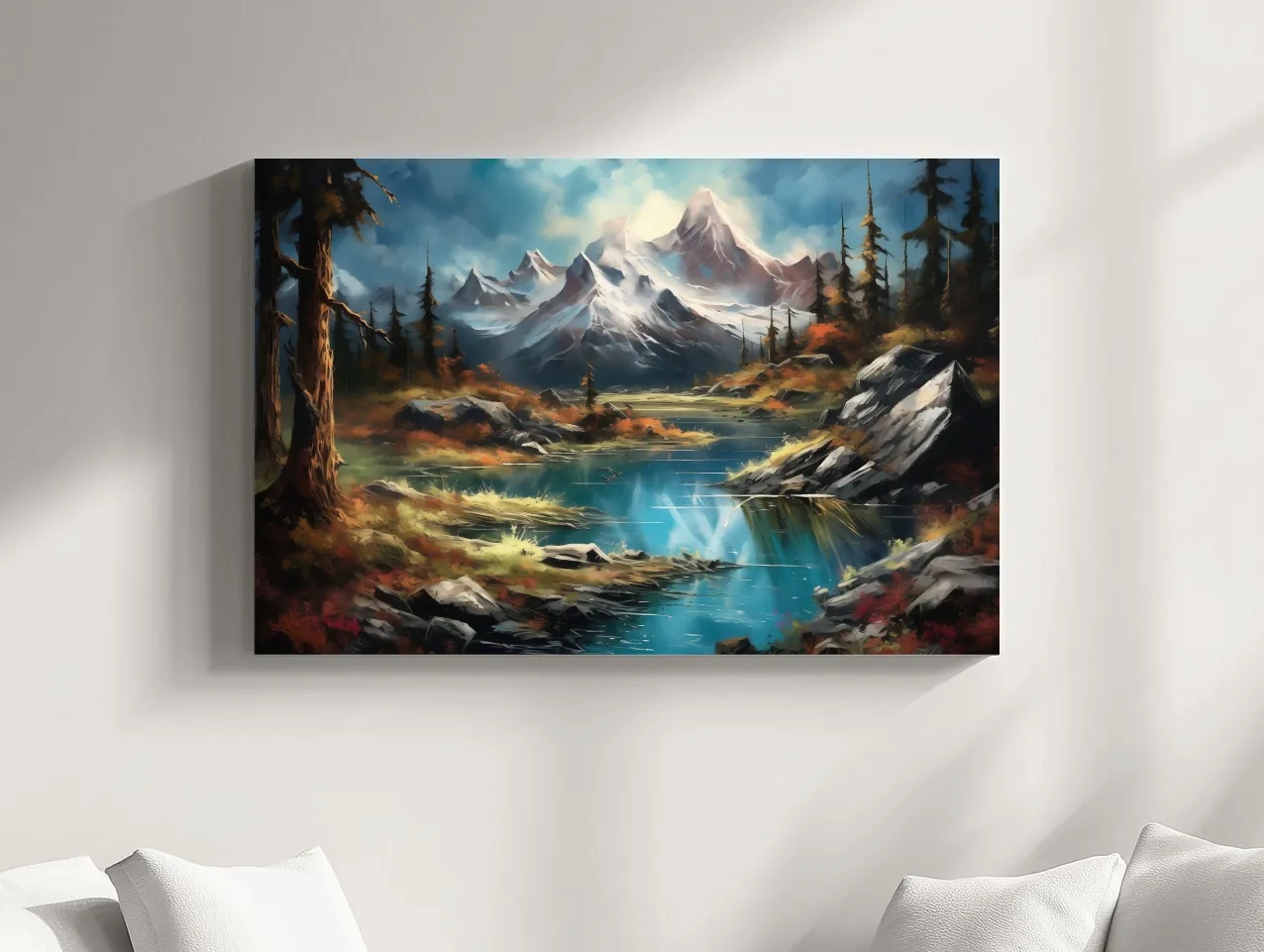 Serene alpine lake and snow-capped mountains wall artwork, vibrant scenic painting
