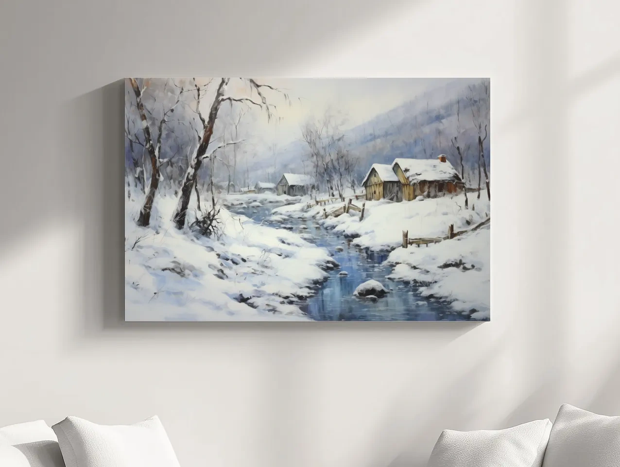 Snowy Winter Cabin Stream Landscape - Serene Rustic Wall Art