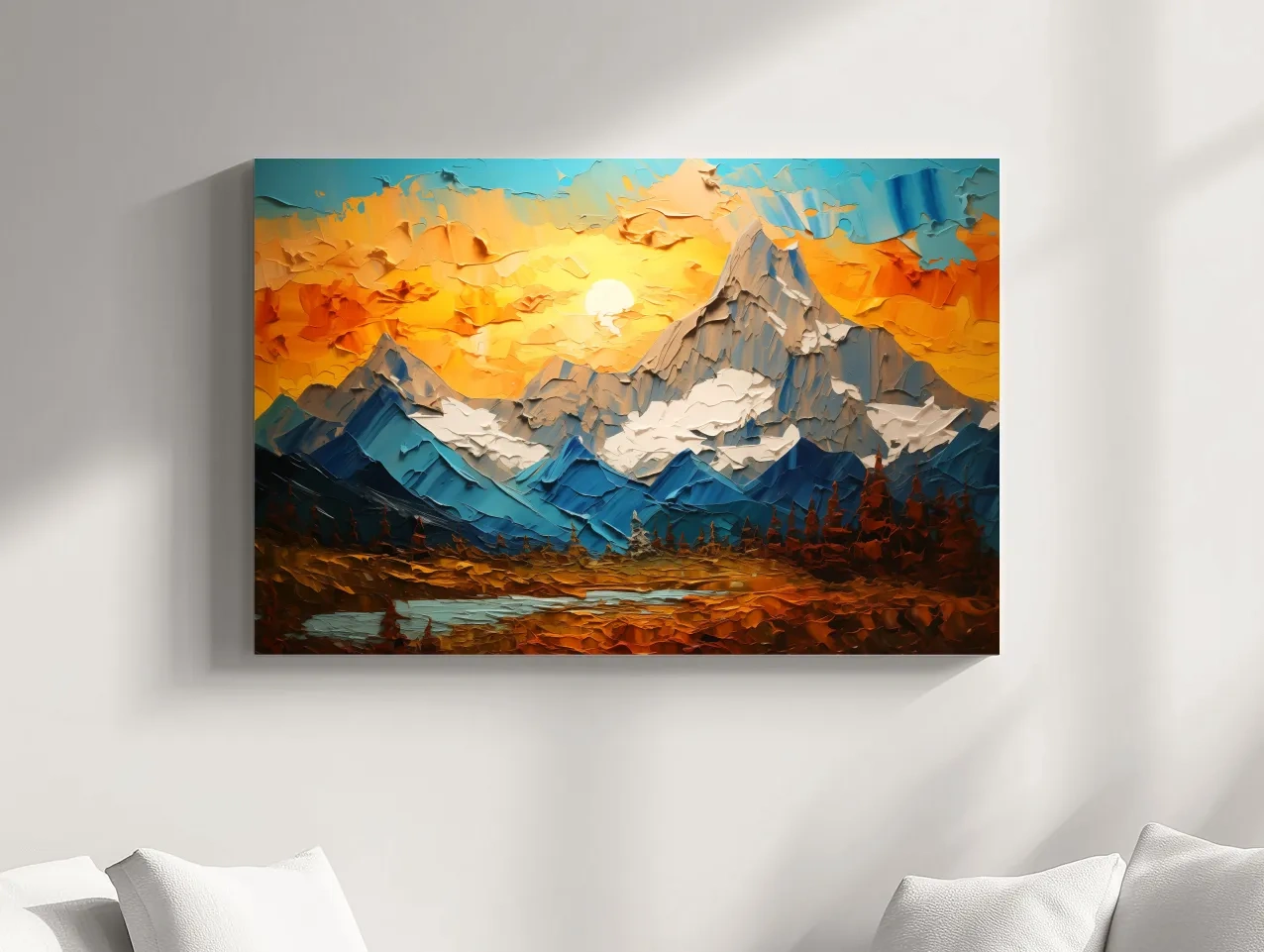 Palette Knife Style Mountain Sunset Painting - Vibrant Abstract Alpine Artwork