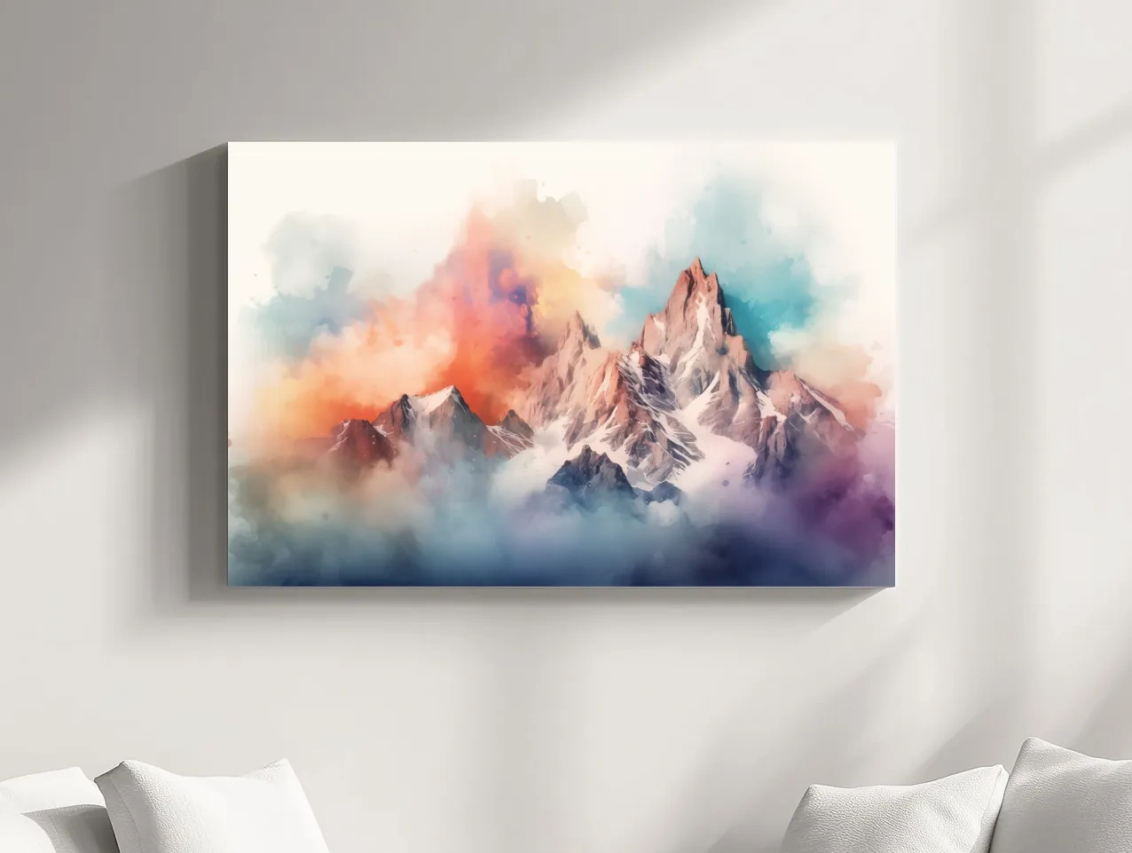 Vibrant Watercolor Alpine Mountain Peaks - Colorful Misty Artwork