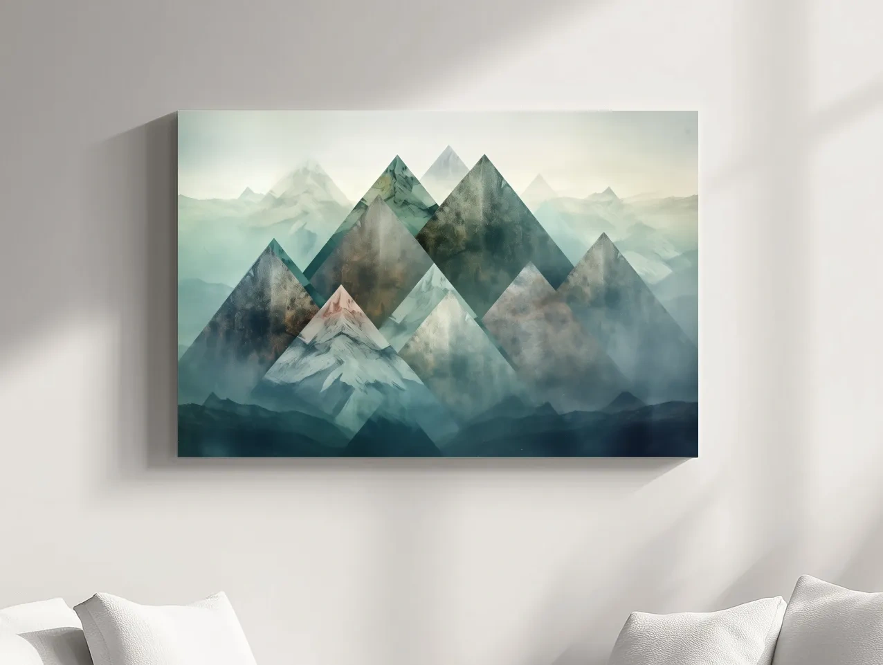 Mystical mountain landscape artwork, layered geometric peaks in misty hues