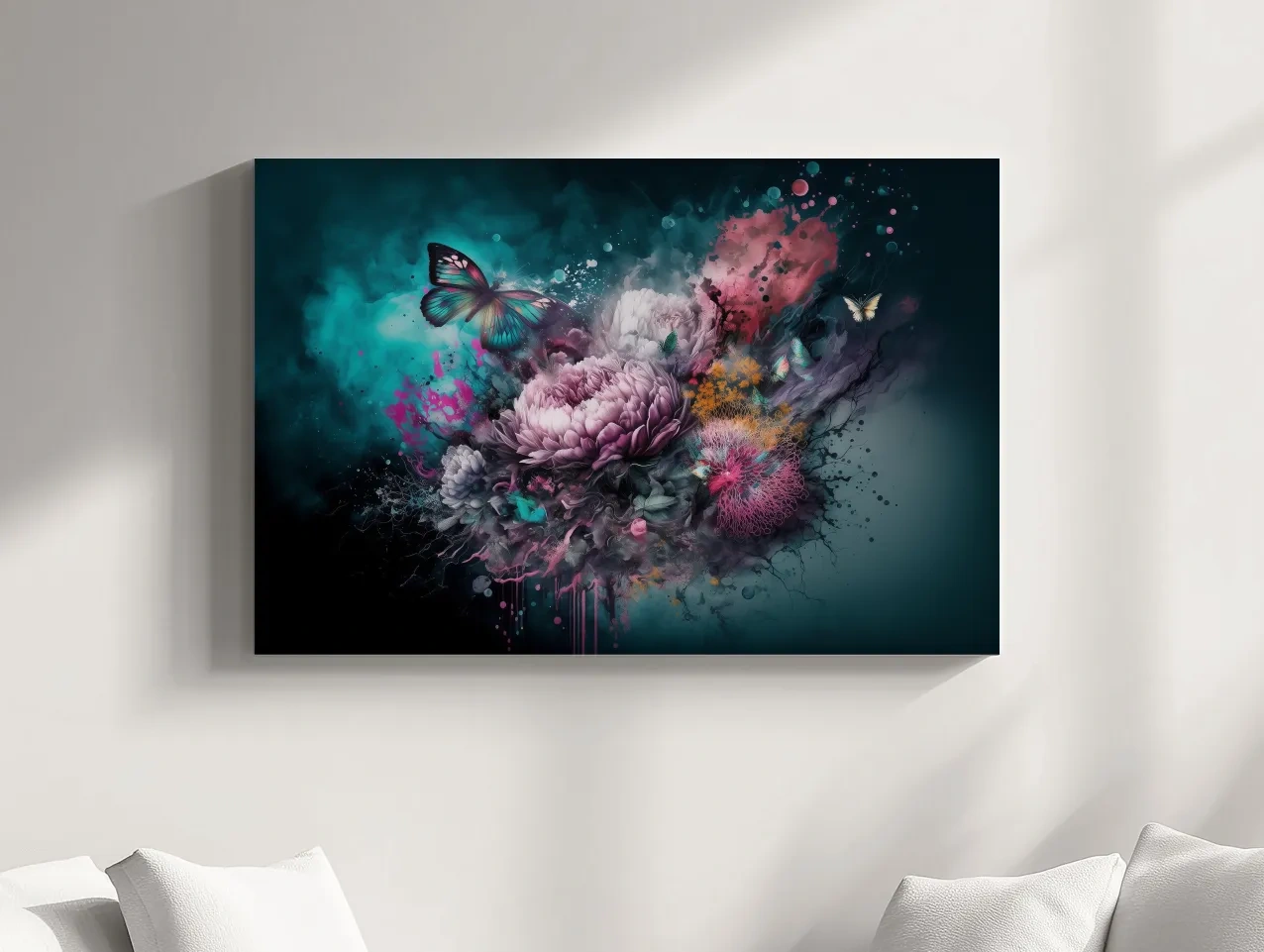 Surreal Floral Butterfly Explosion Painting - Vibrant Botanical Wall Art