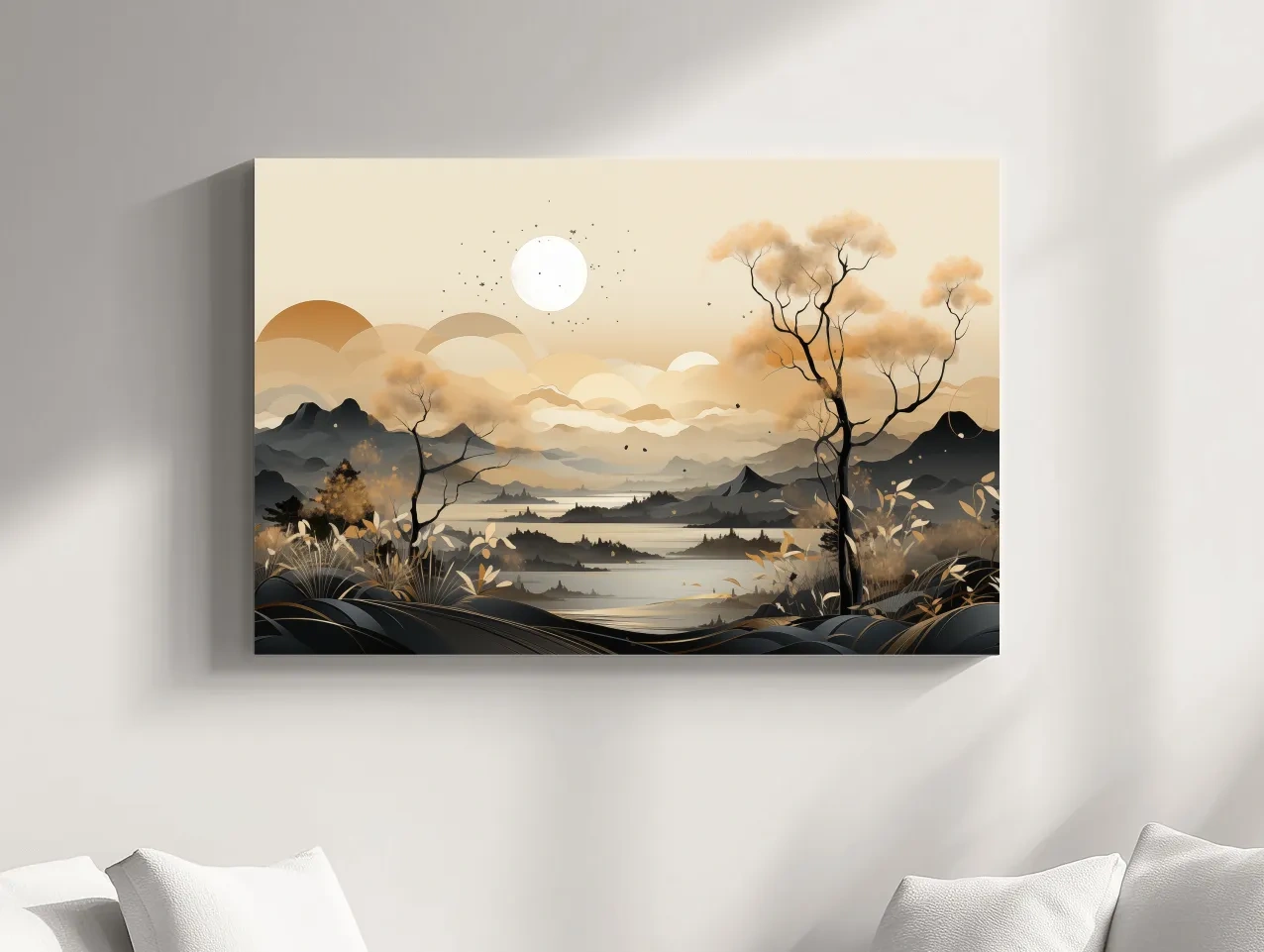 Japandi Misty Mountain Lake Landscape - Boho Wall Artwork