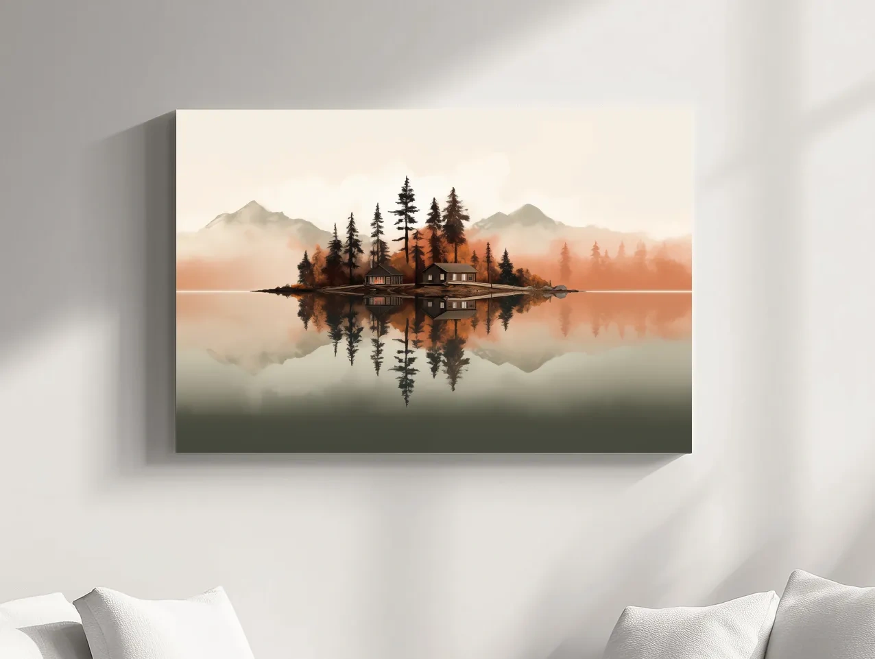Minimalist Misty Lake Cabin Reflection - Autumn Mountain Landscape Wall Art