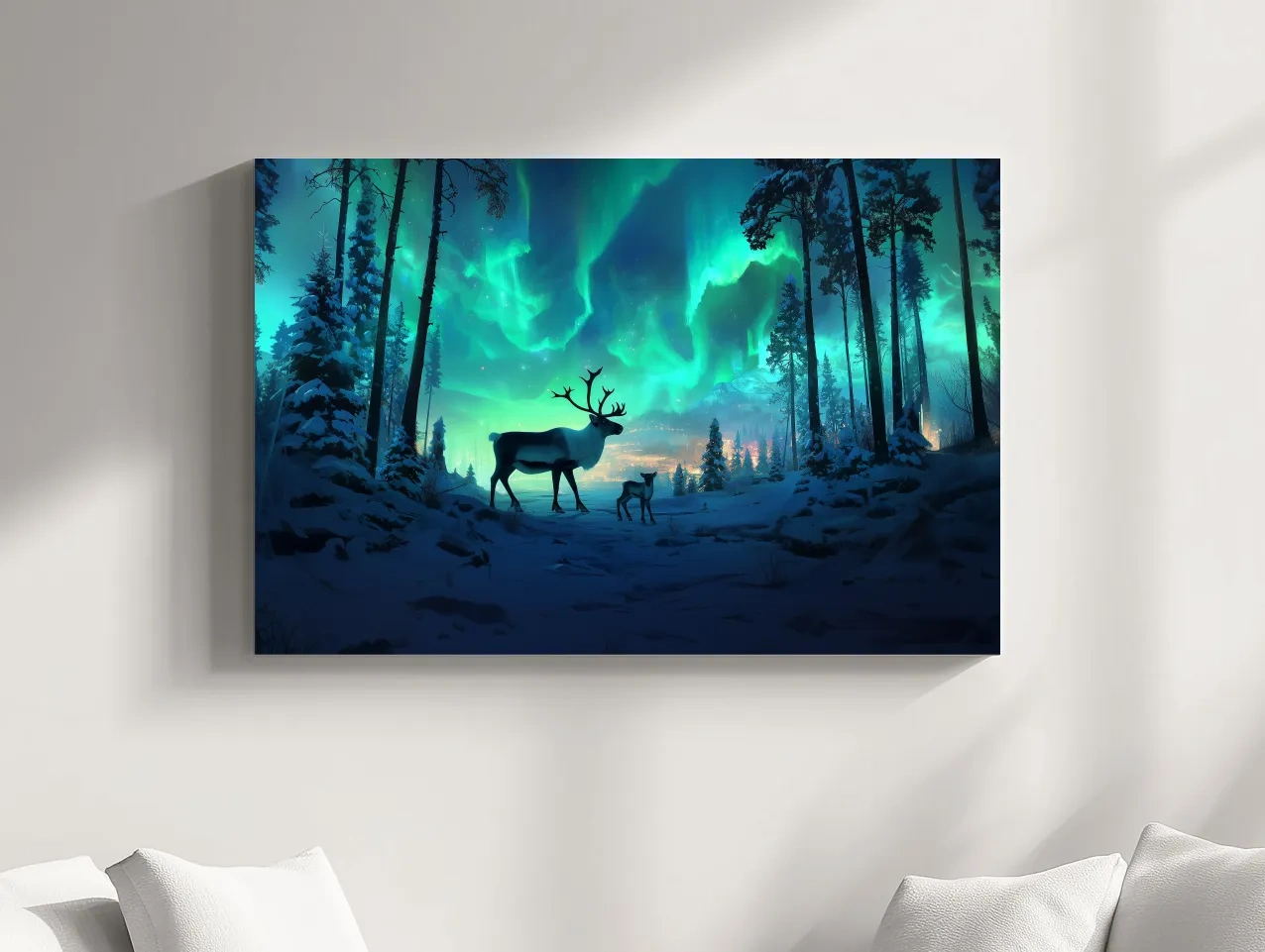 Caribou Buck Under Aurora Borealis Winter Scene - Fantasy Northern Lights Forest Wall Art