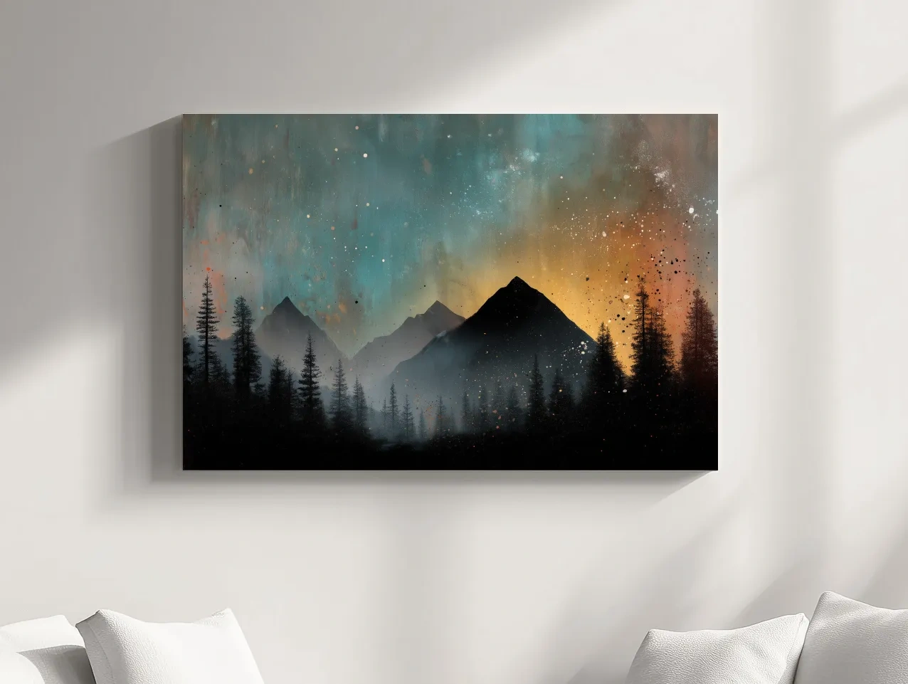 Moody Mountain Sunset Silhouette - Abstract Pine Forest Wall Art