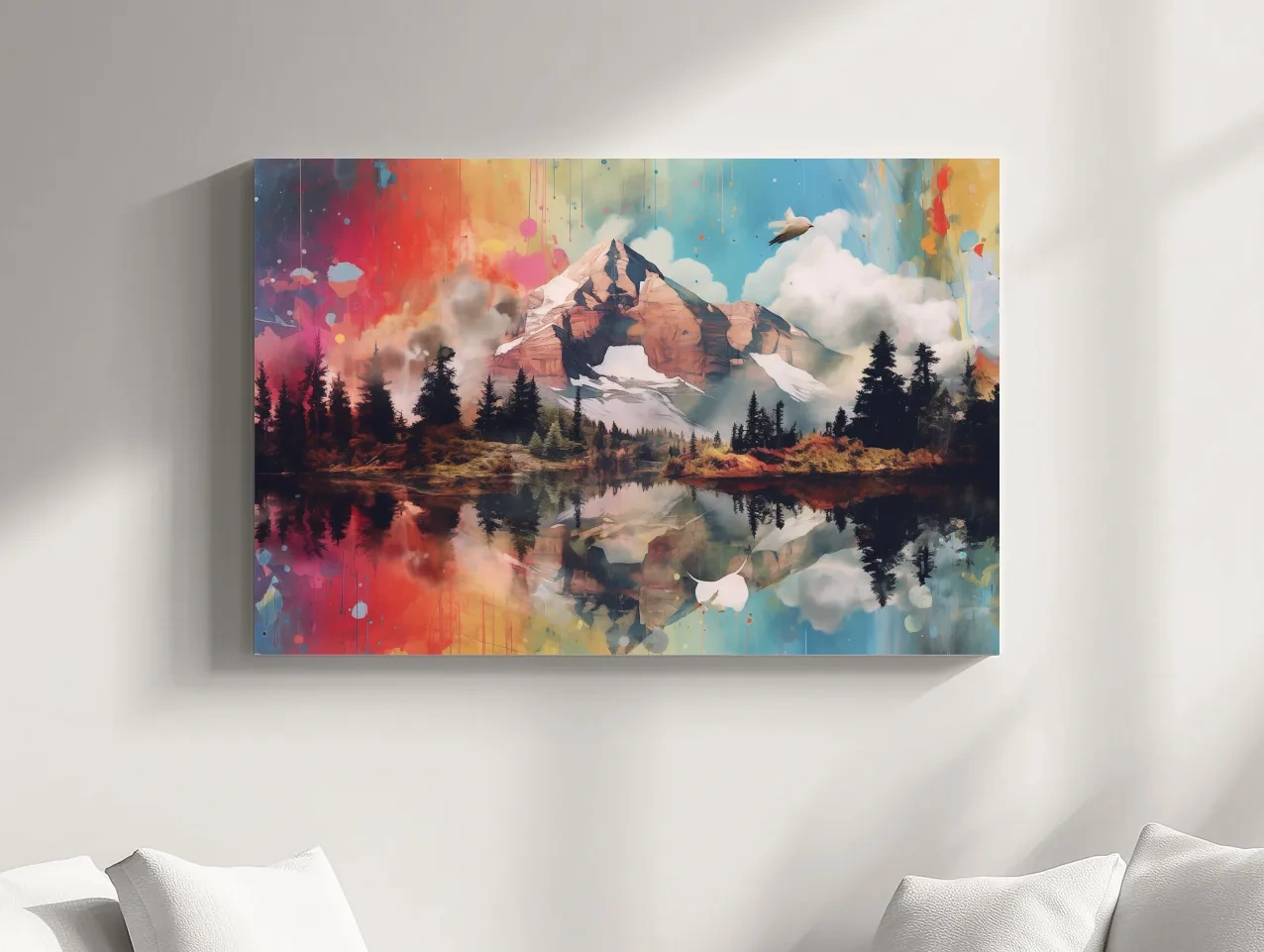 Vibrant Abstract Mountain Lake Painting - Colorful Landscape Wall Art