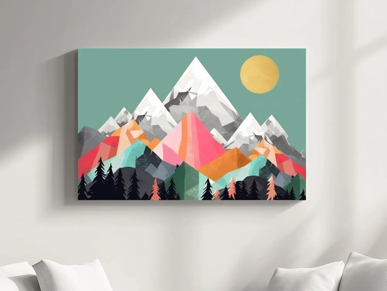 Geometric Abstract 2D Mountain Sunrise Art - Colorful Mid Century Wall Art