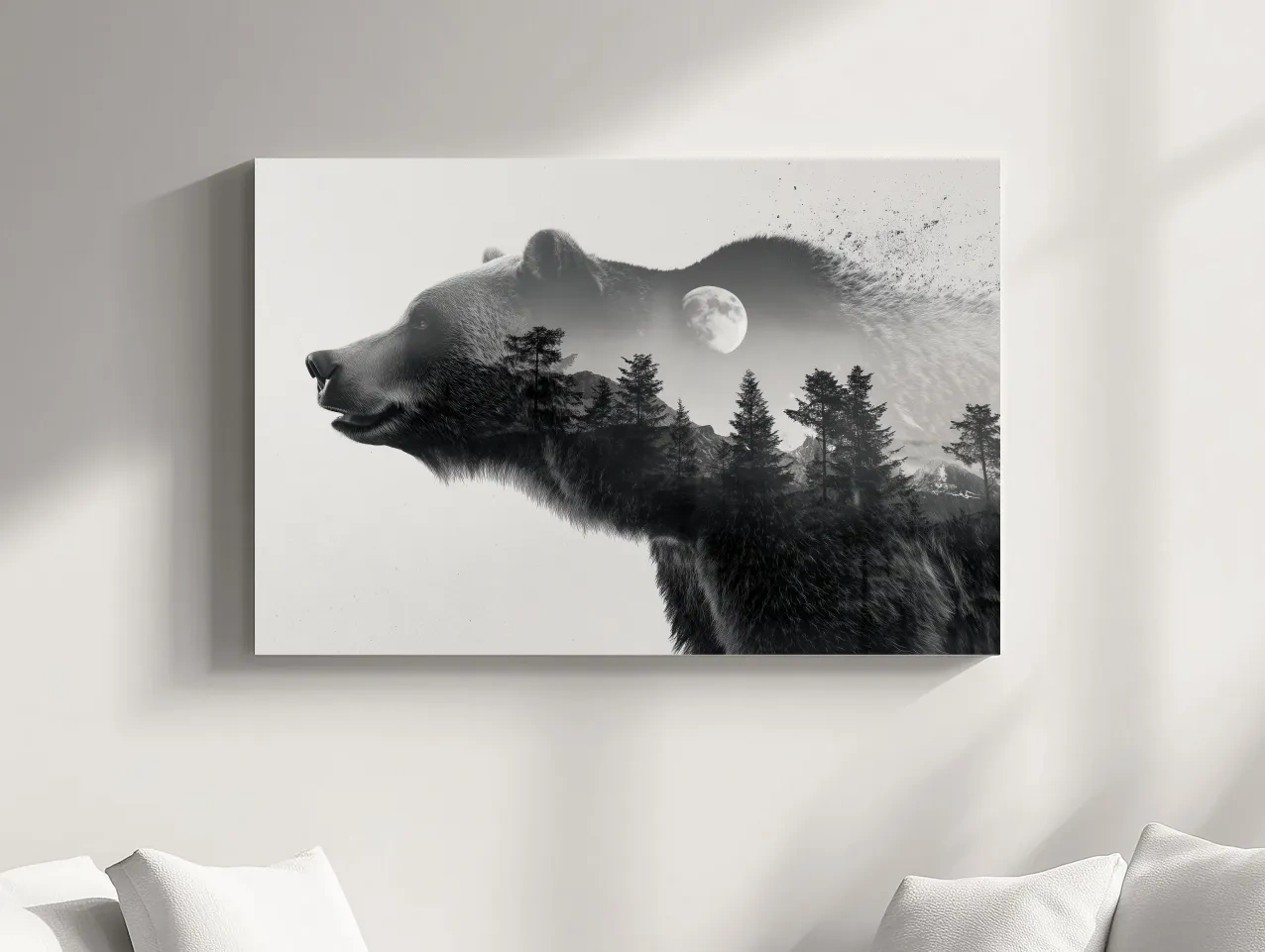Black And White Grizzly Bear Double Exposure - Moonlit Pine Forest Mountain Wall Art