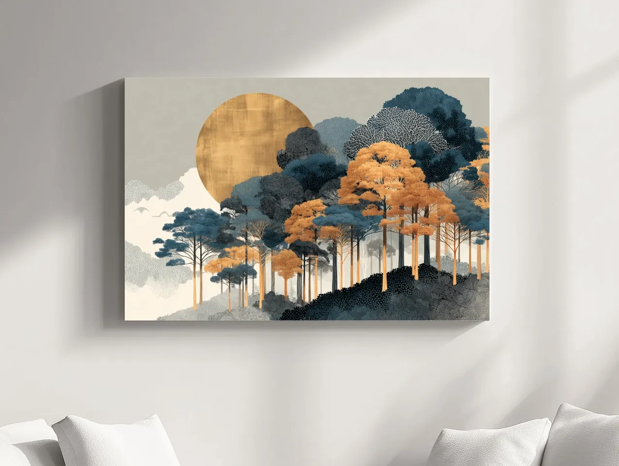Modern Chic Golden Sun Over Autumn Forest - Elegant Boho Landscape Wall Art