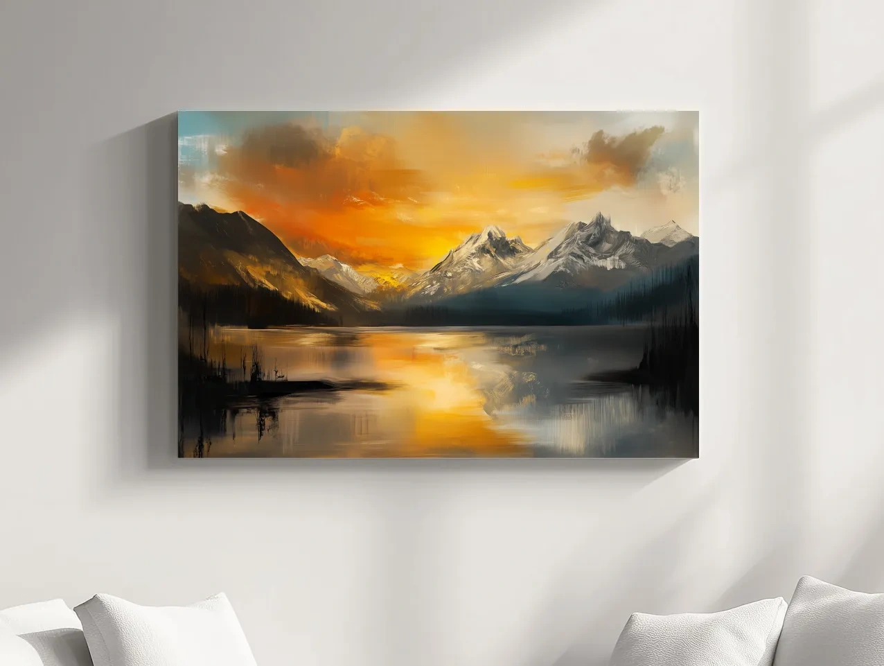 Moody Alpine Mountain Lake Sunset Painting - Oil Painting Style Wall Art
