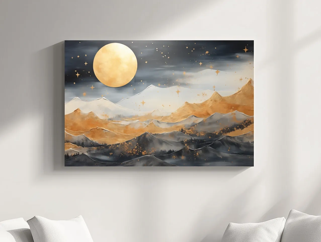 Golden Moonlit Abstract Mountain Landscape - Modern Metallic Watercolor Wall Art