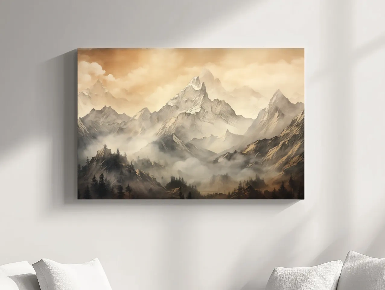 Moody Sepia Misty Mountain Peaks - Atmospheric Alpine Landscape Painting Wall Art