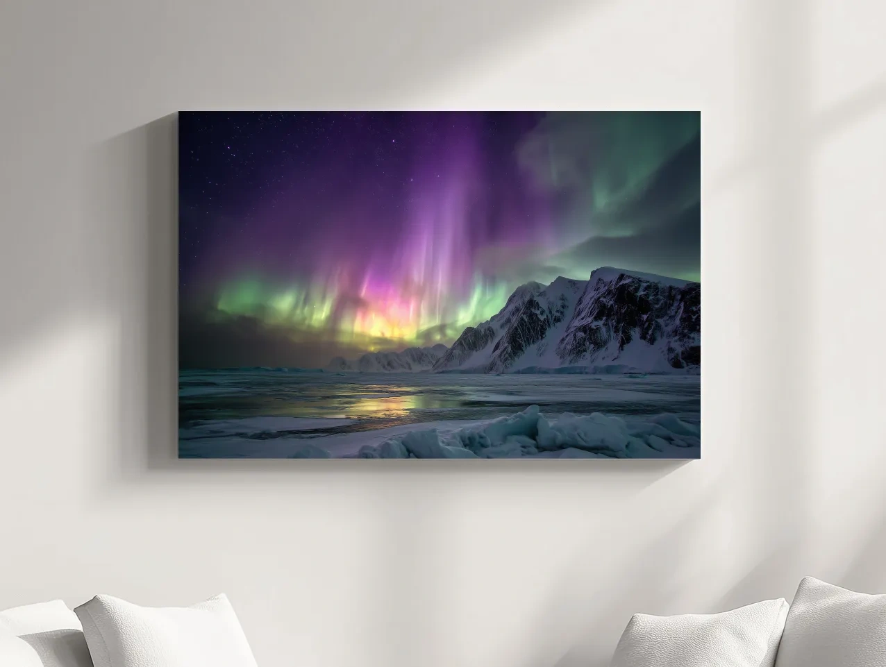 Vibrant Northern Lights Over Snowy Mountains - Aurora Borealis Photographic Night Sky Wall Art