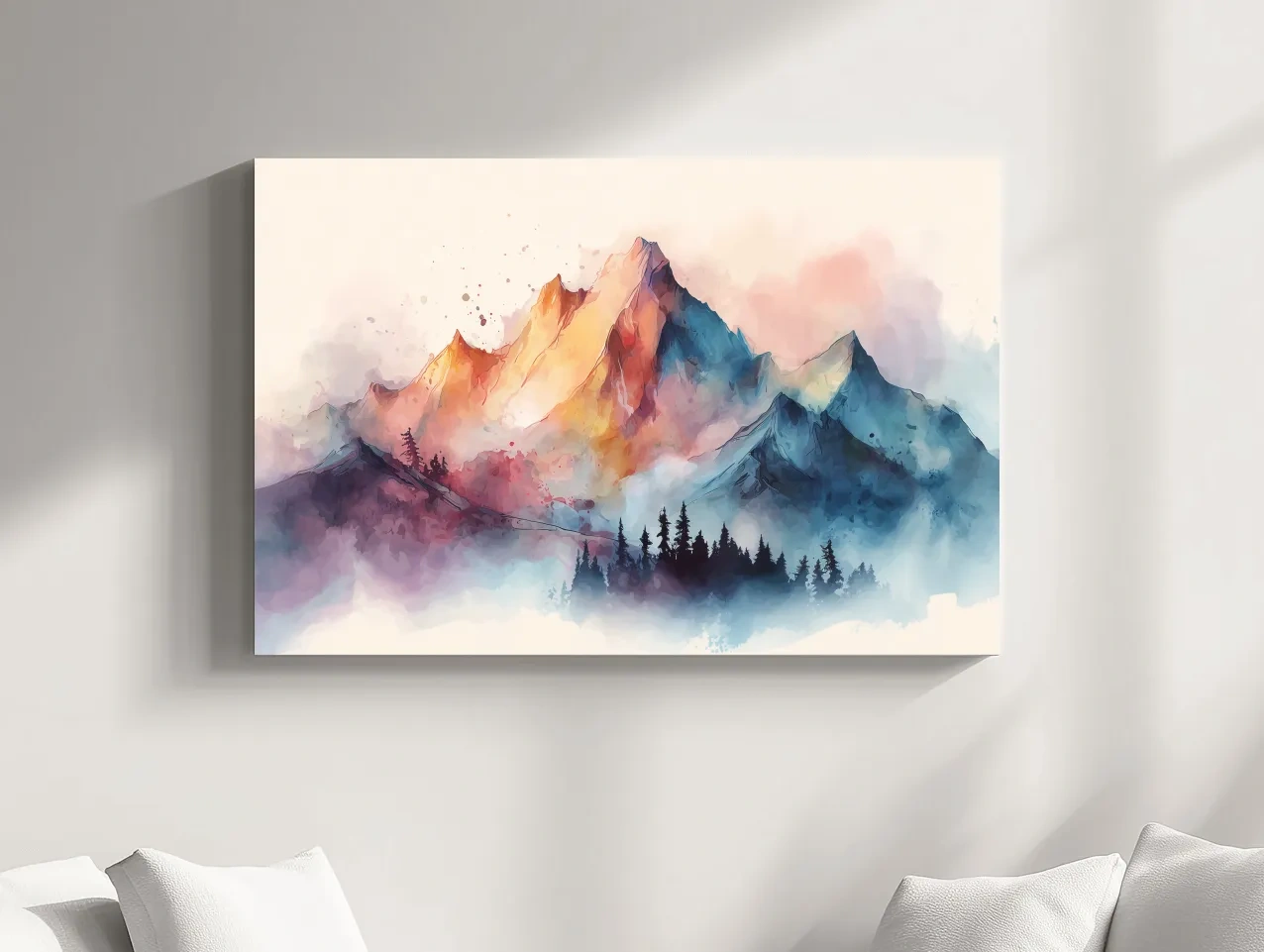 Vibrant Watercolor Mountain Peaks - Colorful Misty Alpine Forest Wall Art