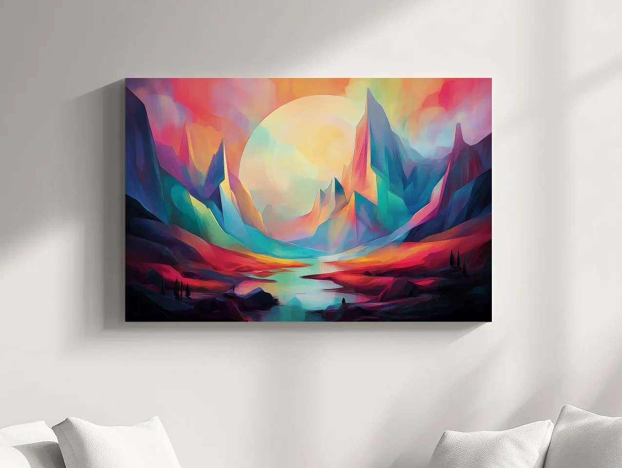 Vibrant Abstract Mountain Valley Sunset - Colorful Surreal Landscape Wall Art