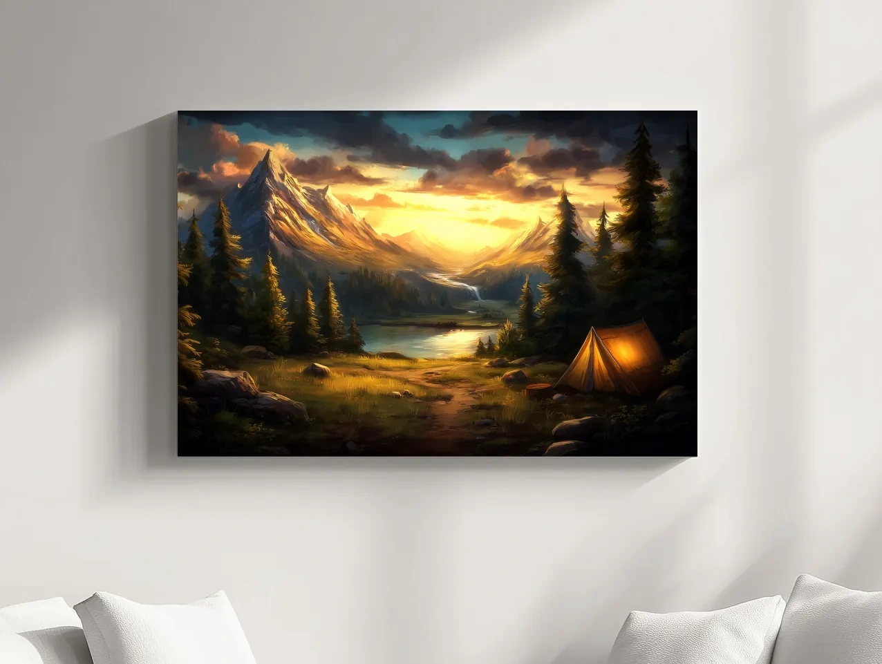 Golden Sunset Alpine Camping Scene Impressionist Painting - Scenic Mountain Wall Art