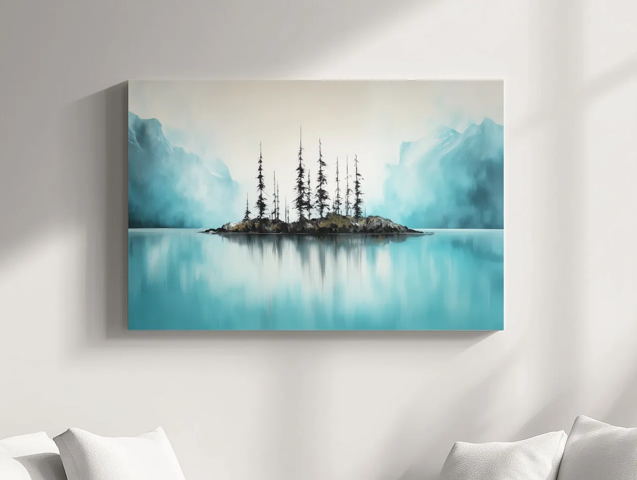Misty Turquoise Mountain Lake Reflection - Minimalist Watercolor Landscape Wall Art