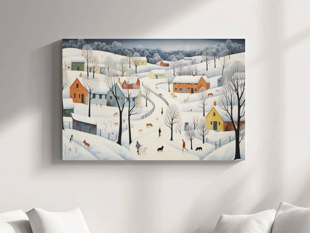 Whimsical Snowy Village Winter Landscape Painting - Folk Art Countryside Wall Art