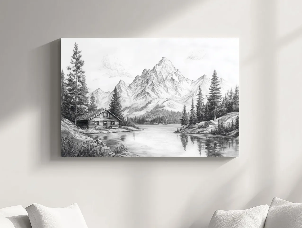 Vintage Pencil Sketch Alpine Lake Cabin - Black And White Mountain Landscape Wall Art